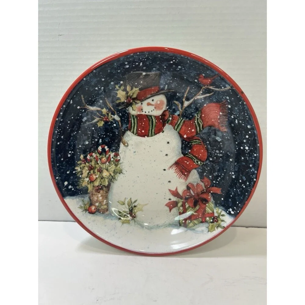 Certified Intl Susan Winget Xmas Blue Background Snowman 9” Pasta Serving Bowl